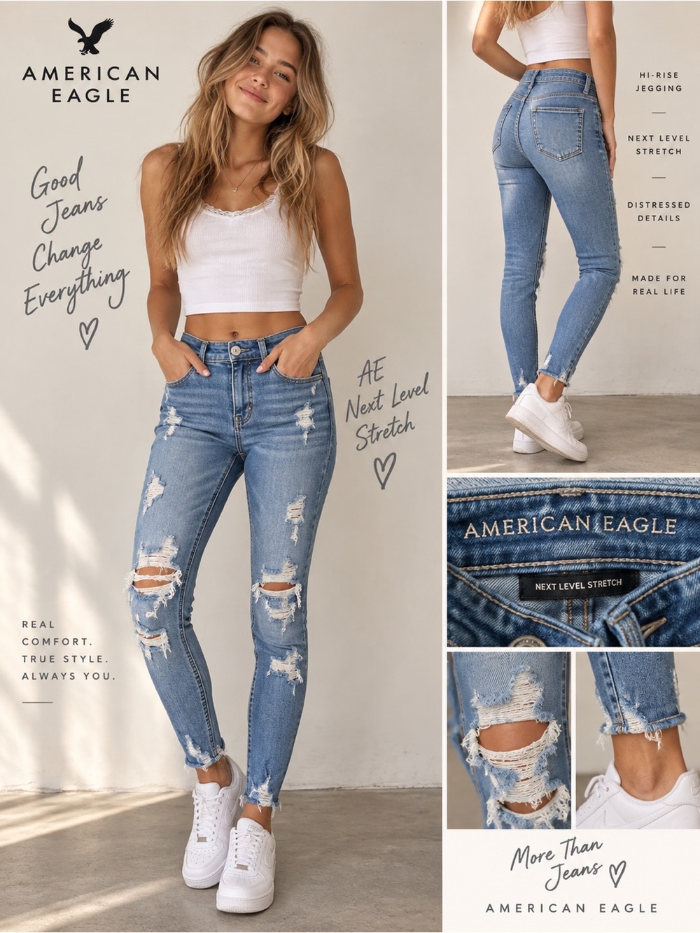 American Eagle Women’s Next Level Stretch Hi-Rise Jegging Distressed Jeans